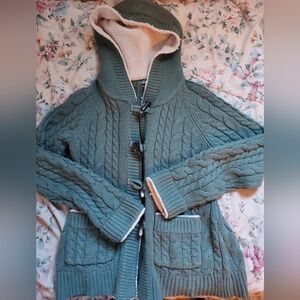 Cabela's Hooded Cable Knit Cardigan - Teal Green